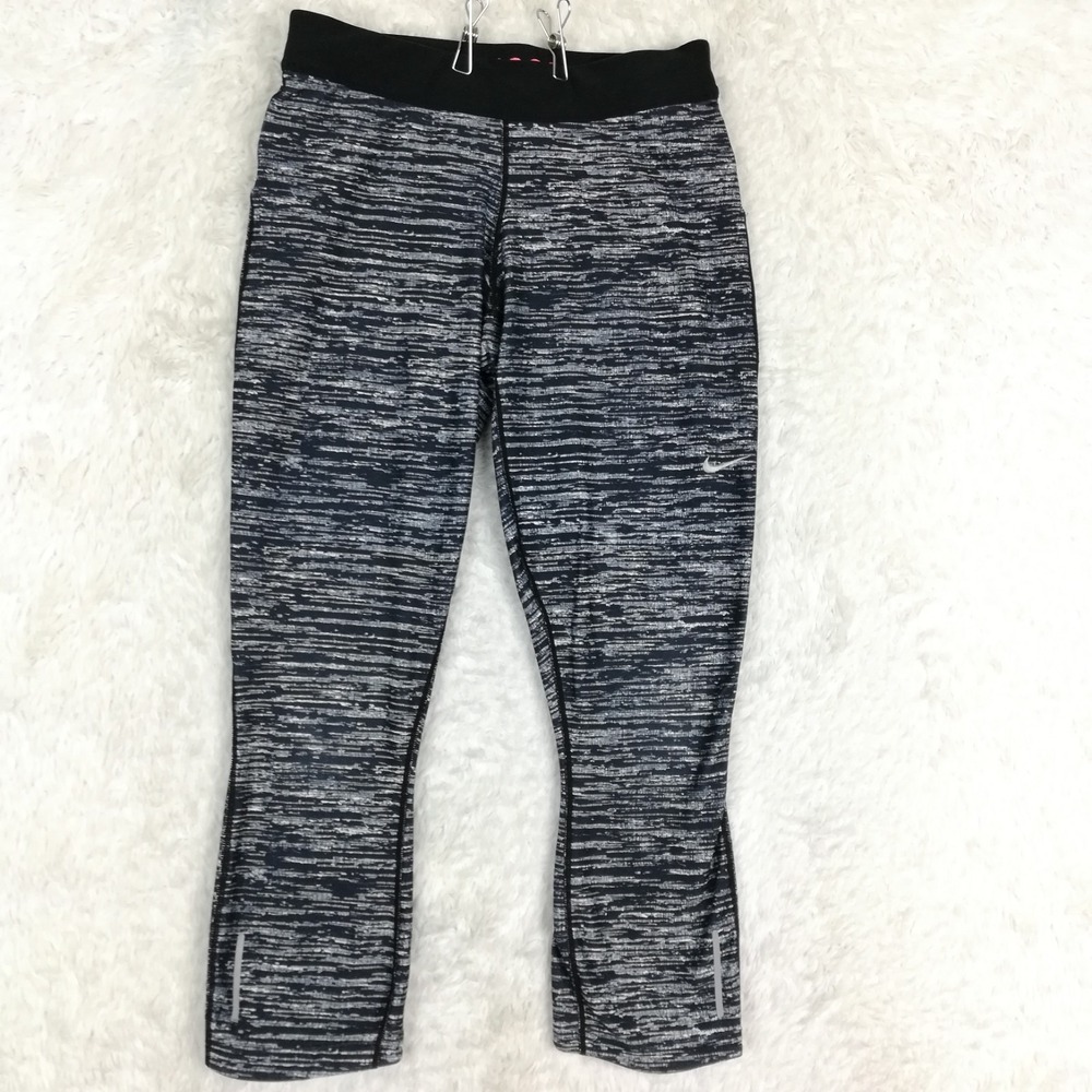 Nike Womens Pants Legging Capri Dri-Fit Black White Marled Print Pull On M